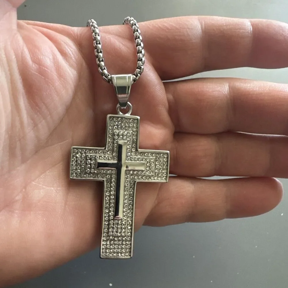 Triple Cross Pendant Silver Plated Cubic Zirconia 24” Chain Stainless Steel Gift